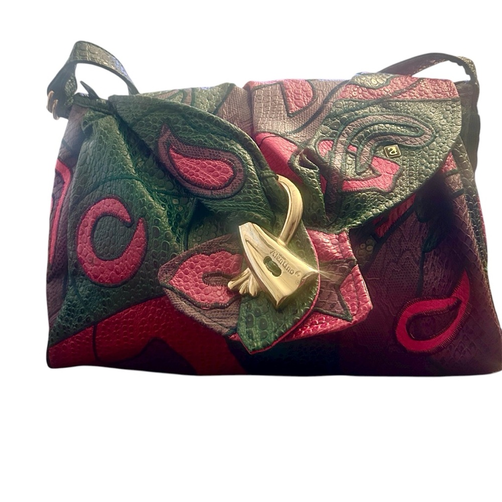 80s 90s Vintage Nas Alentino Pink & Green Croc Emobossed Patchwork Shoulder Bag